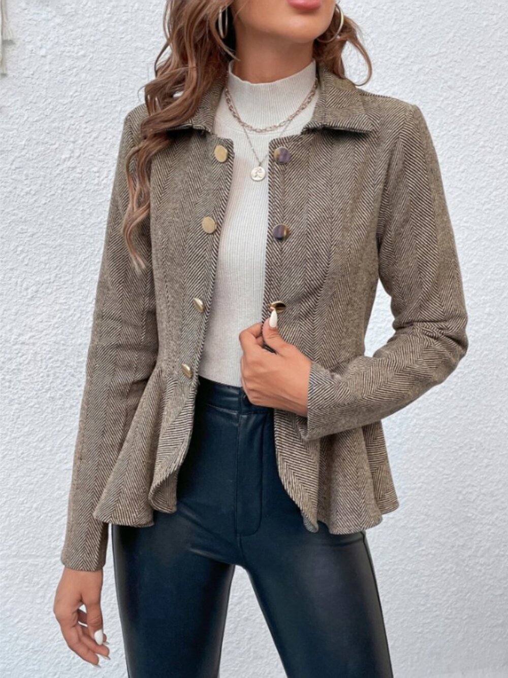 Herringbone Peplum Blazer Flared Hem Jacket Coat